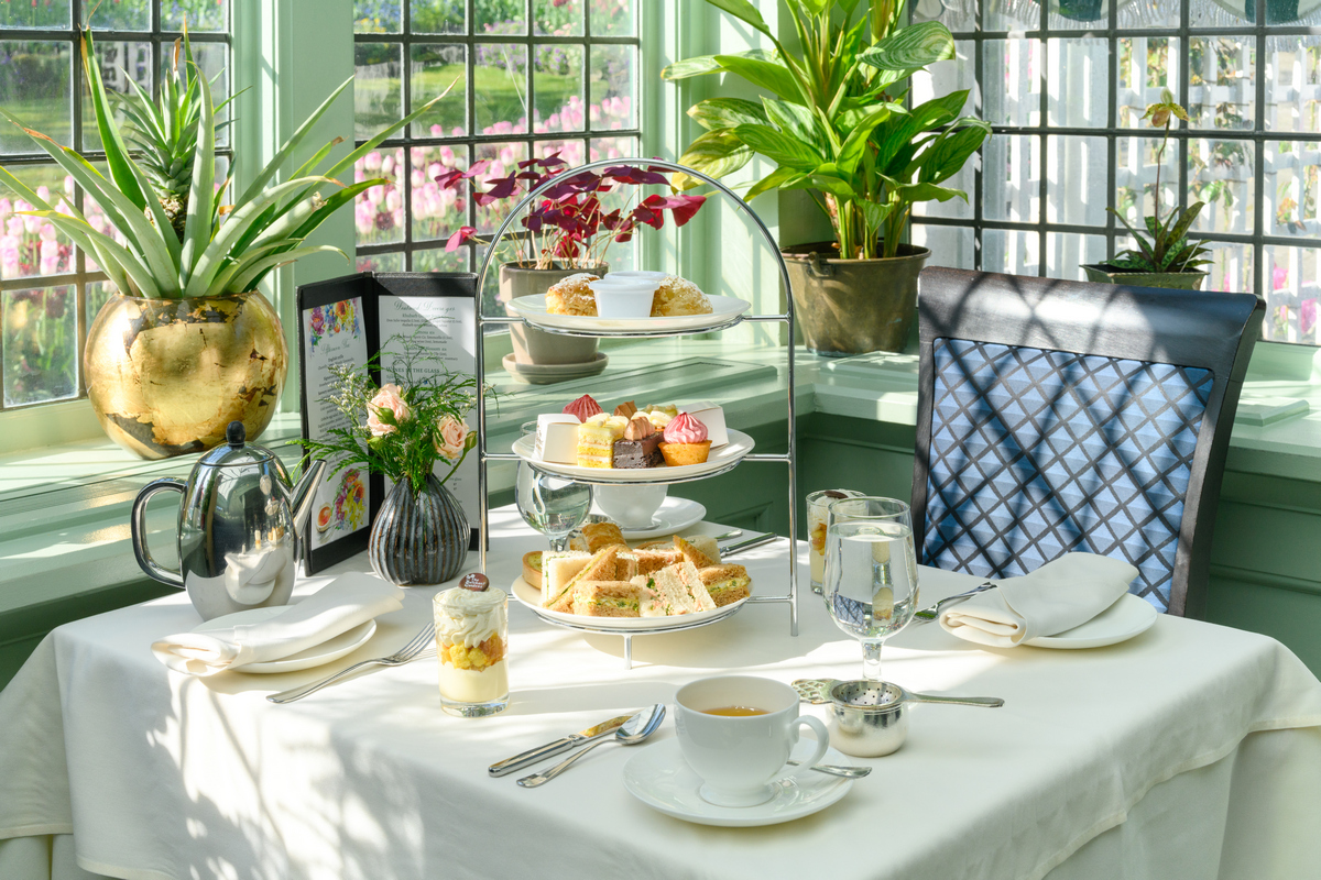 Afternoon Tea set up for two, inside The Dining Room Restaurant.