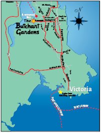 Carte dessinée à la main de la région du Grand Victoria indiquant les principales routes menant aux Butchart Gardens.